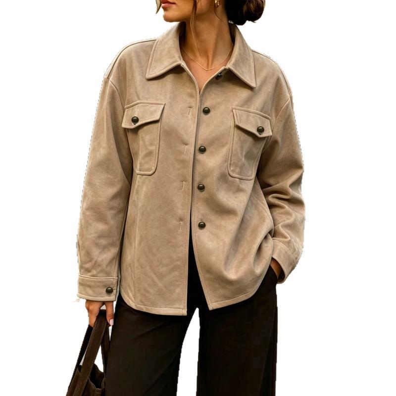 Women Loose Casual Faux Suede Lapel Button Pocket Autumn Winter Jacket