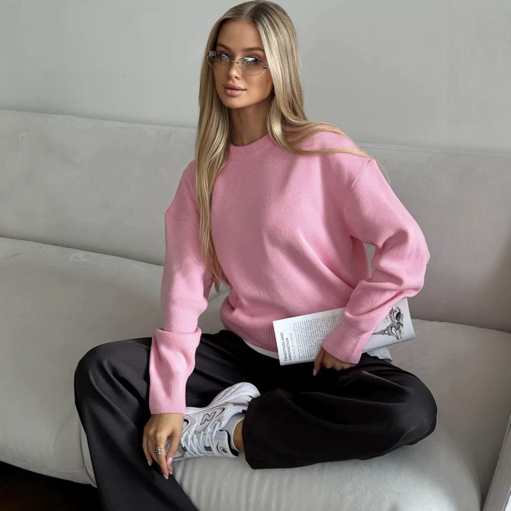 European and American cross-border models solid color classic round neck long-sleeved loose and simple pullover women's versatile knitted pullover