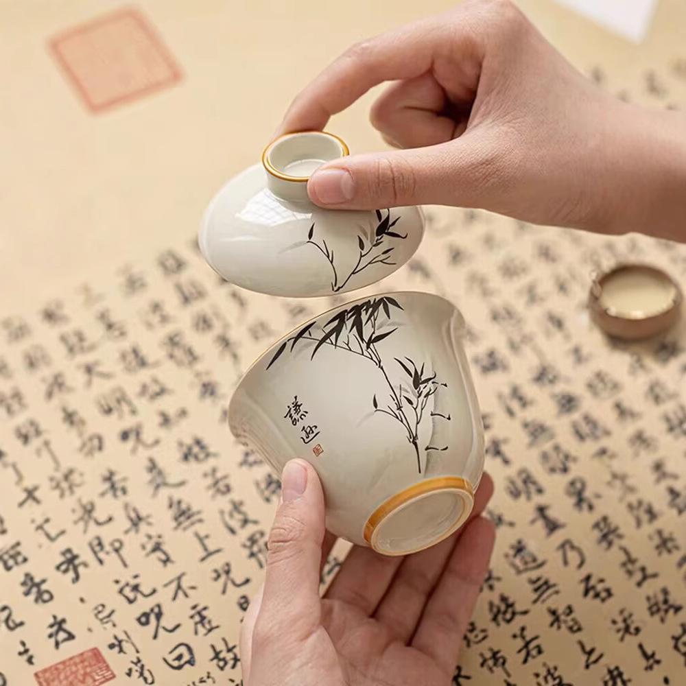 Plant Ash, Ink, Bamboo Ercai Cover Bowl, Teacup, Ceramic Household One-Person Drink, Anti-Scalding Kung Fu Tea Brewer, National Style Tea Set