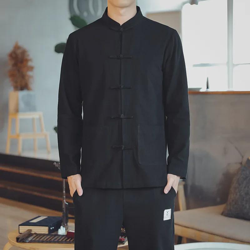 Men's Chinese-Style Linen Shirt: Hanfu-Inspired, Cotton Blend, Buttoned, Collared, Large Size Options Available.
