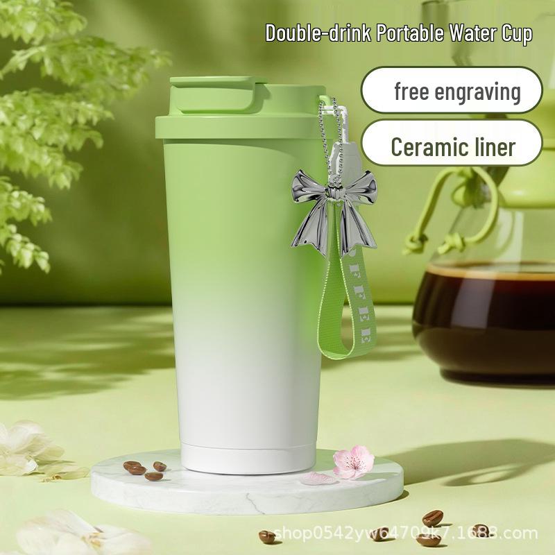 High-Design Insulated Coffee Cup with Ceramic Liner and Straw, 316 Stainless Steel, Simple Gift Box