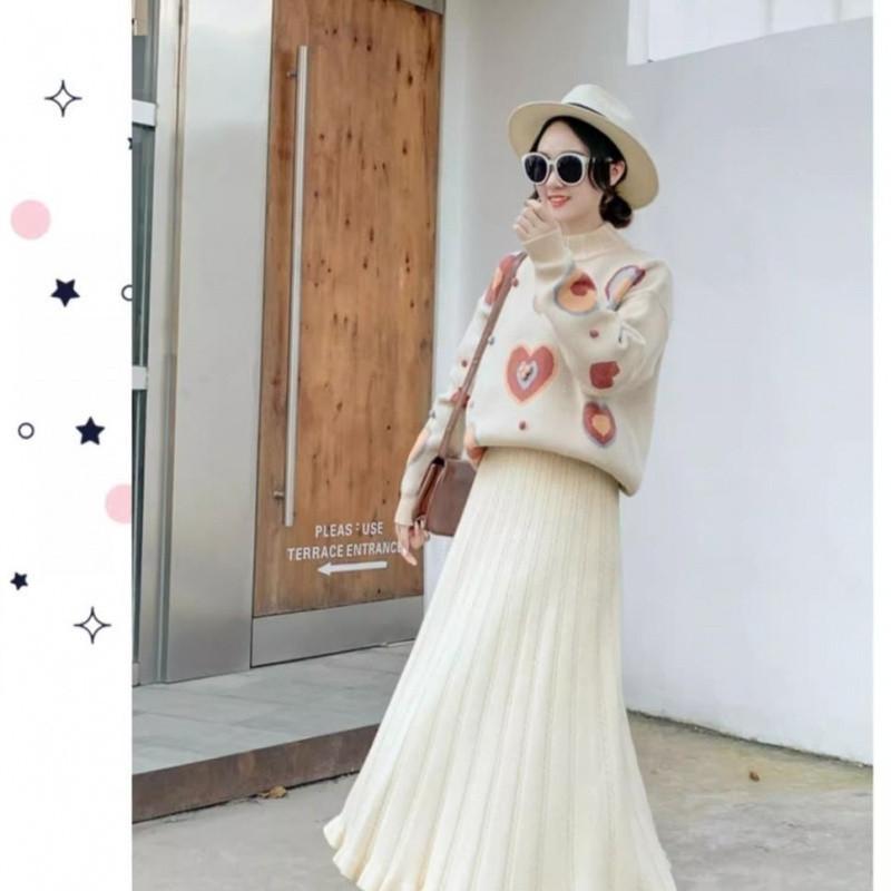 Knitted Long Skirts Women Ruffles Sweet High Waist Autumn Winter Korean Loose Mid Skirt