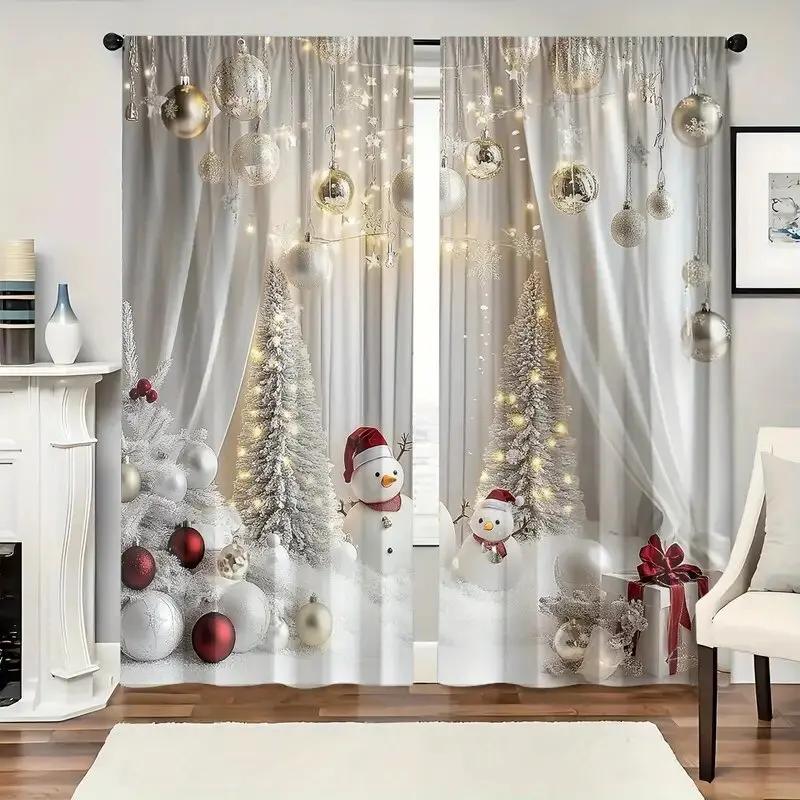 

Set Of 2 Christmas Printed Curtains Snowman Tree Patterns Home Decoration Room Curtain Made Polyester W100*H70(CM)-Grommet top&1PCS