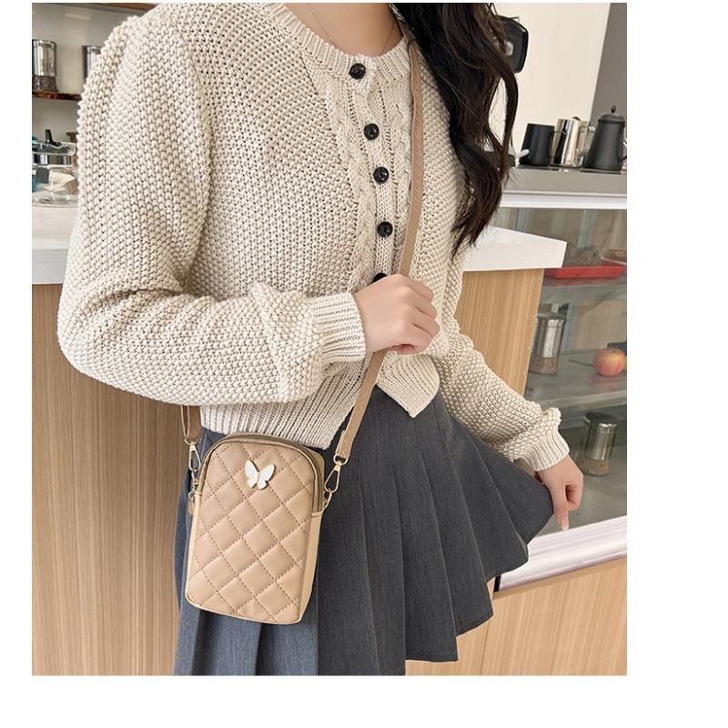 Quilted Mini Crossbody Bag Korean Style Floral Embroidered Phone Purse with Butterfly Detail