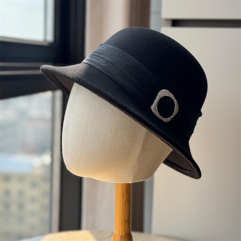 French retro top hat Hepburn style casual versatile elegant woolen bucket hat fashion celebrity bucket hat trend