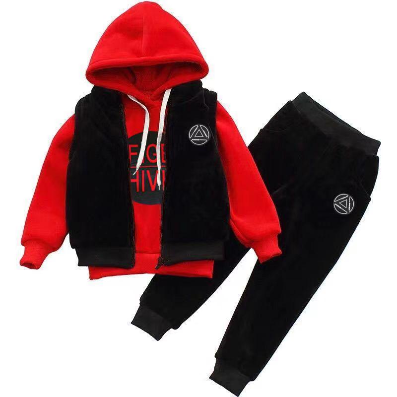 Ensemble de Sport Hivernal pour Garçons 3 Pièces/Ensemble Costume d'Enfant Gilet à Capuche + T-shirts + Pantalon Vêtements de Sport pour Garçons Enfants Survêtement
