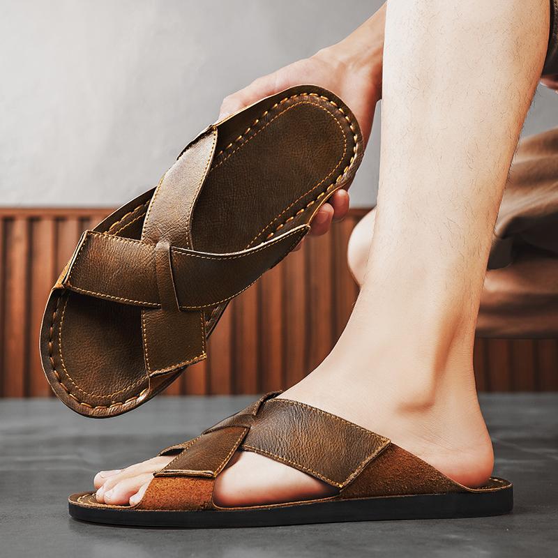 Large Size 48 Split Leather Slippers Men's Sandals Beach Flip Flop Summer Men's Shoes