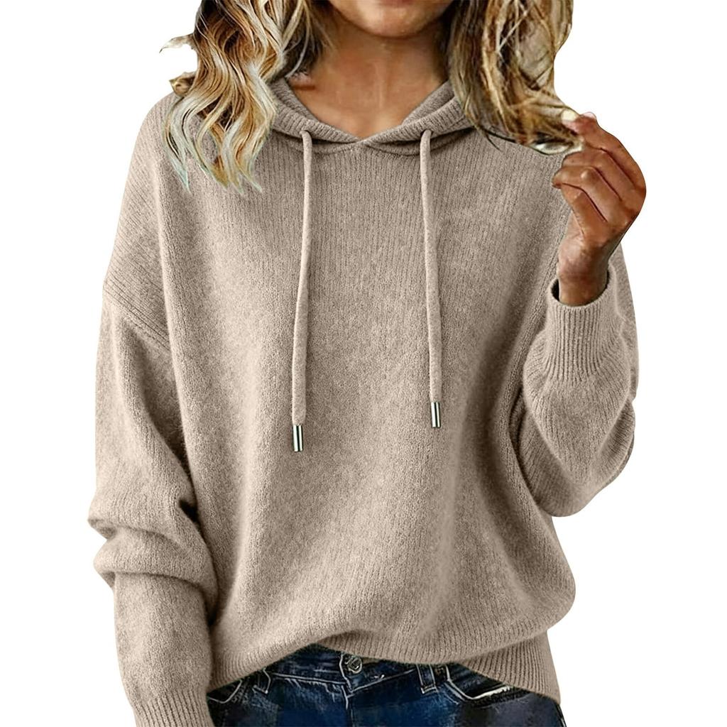 Women S Loose Fit Hooded Knit Pullover Sweater Long Sleeve Solid Color