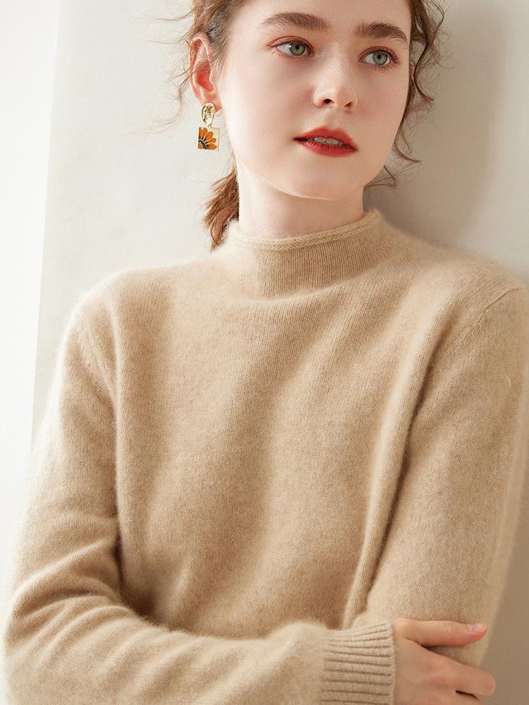 Women's Cloud-Like Cashmere Pullover Sweater - Rolled Hem, Thick, Double-Strand Knit, Half-High Neck