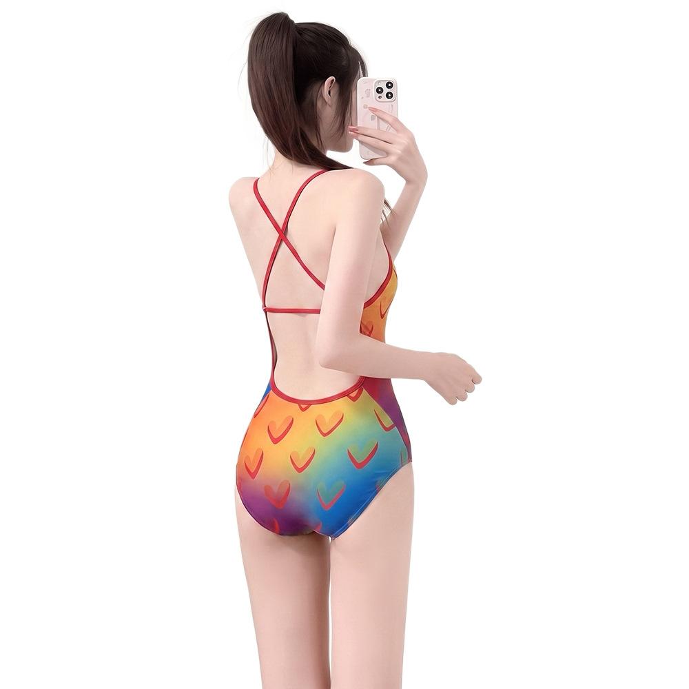One-piece Swimsuit Women's Rainbow Heart-shaped Printed Suspenders Backless Slim and Thin Professional Sports Swimsuit