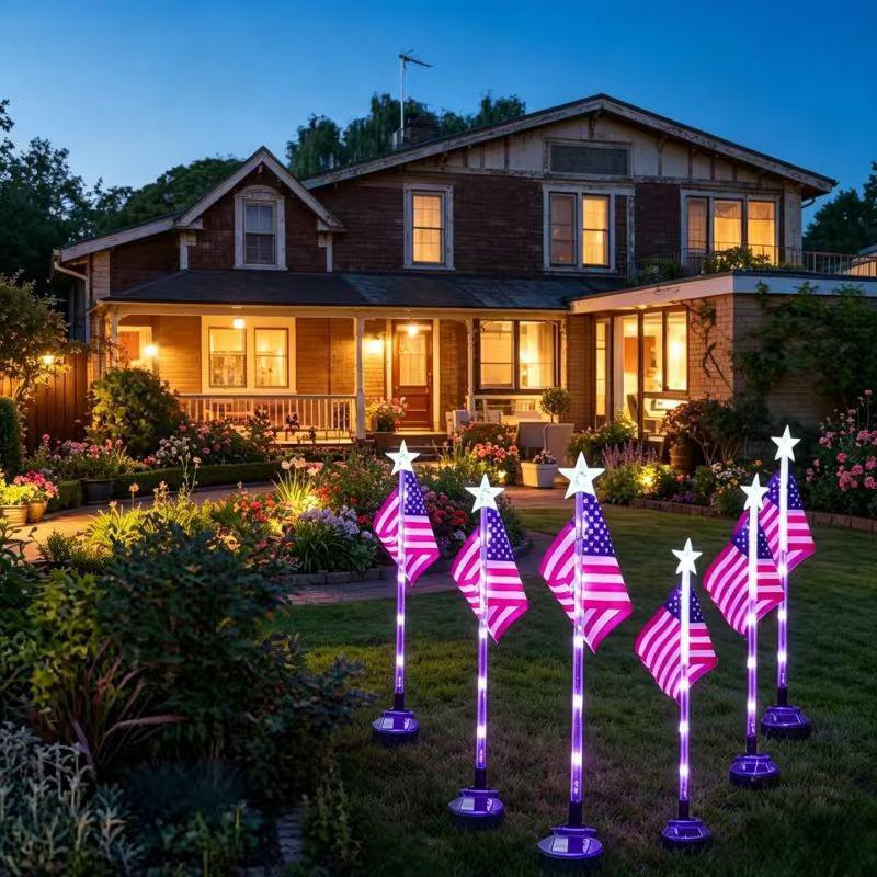 Solar LED American Flag Ground Stake Light - Waterproof Courtyard Lamp 1 Pack with Solar