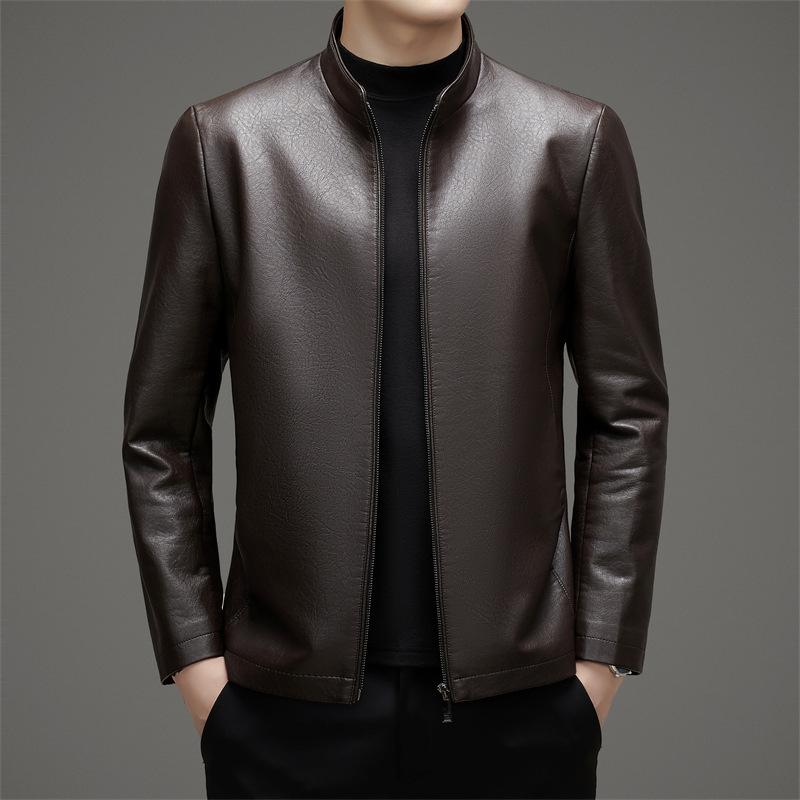 Men's Velvet Leather Jacket Spring and Autumn Casual Stand-up Collar Sheepskin Middle-aged Jacket Leather Coat