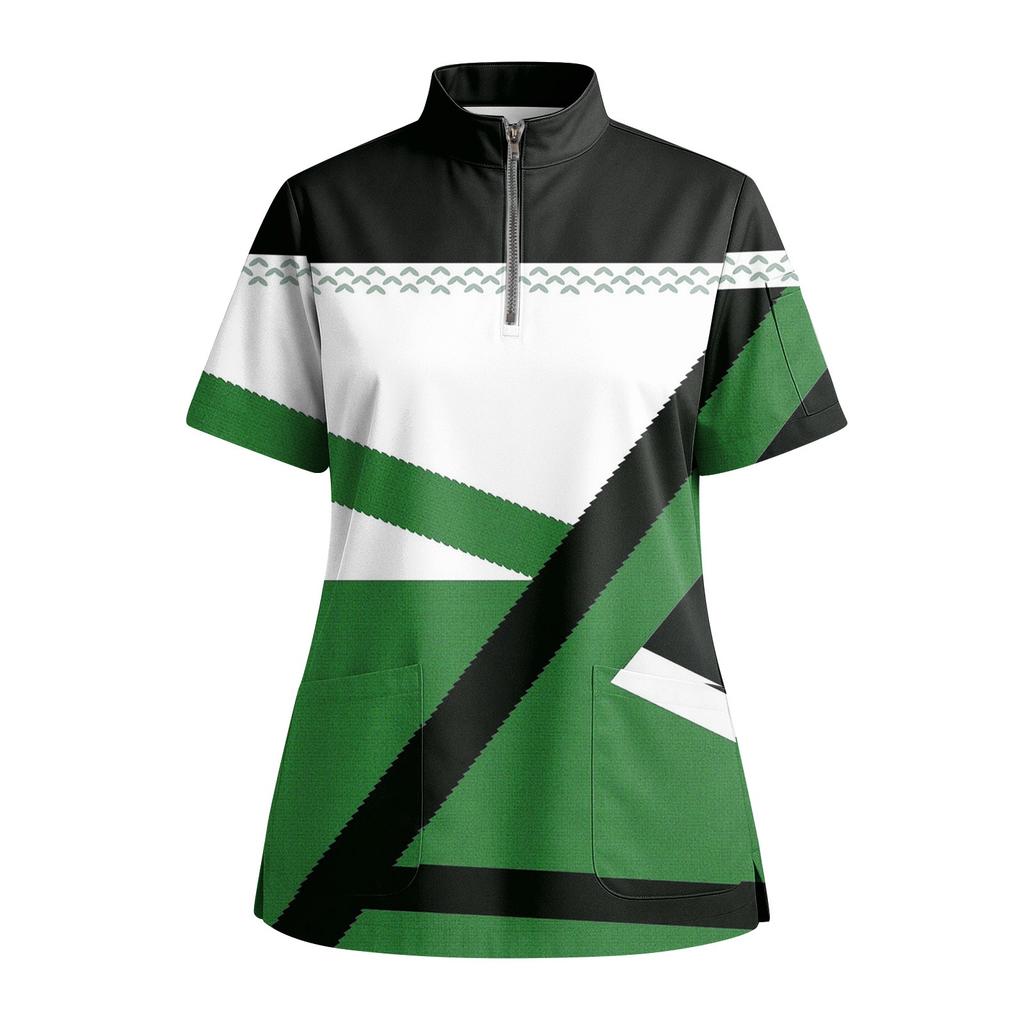 Women's Short Sleeved Printed V-neck Buttonable Side Slit Top T-shirt