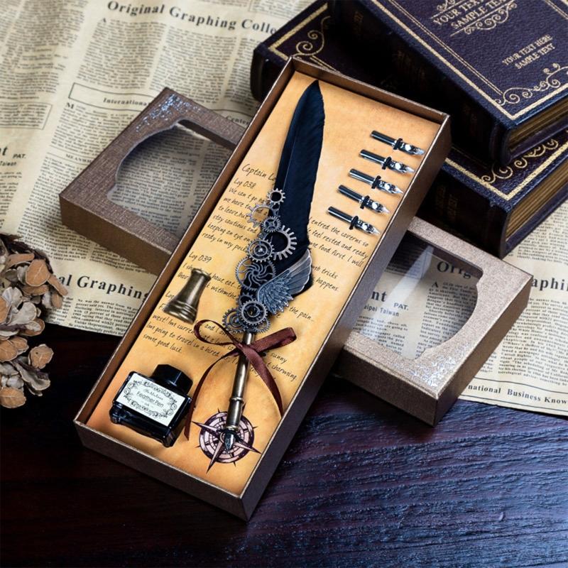 Feather Pen Quill Pen Dip Pen Set with Ink 5x Different Replacement Nibs Pen Holder for Calligraphy Lovers Festival Gift