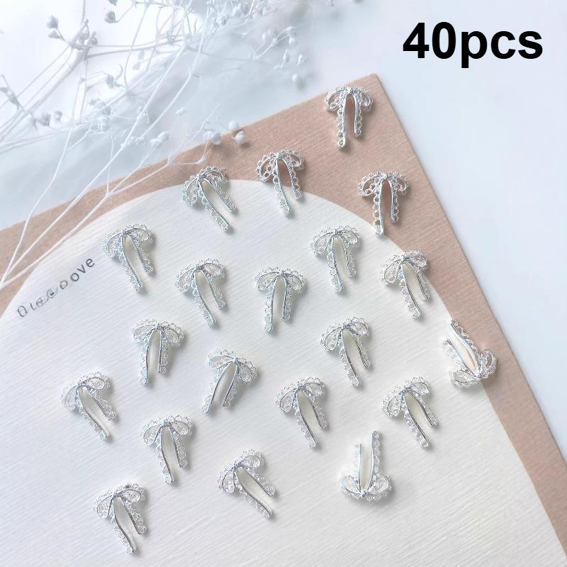 40pcs New 3D Silver/Gold/Grey Metal Lace Openwork Nail Bowtie Decoration DIY Bows Nail Art Charm Ribbon Nail Accessories Ins