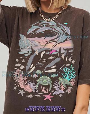 Ocean Wildlife Orca Dolphin Sea Turtle Coral Reef Graphic Comfort Colors® TShirt and Kids Tshirt, Marine Life Lover Gift Tee
