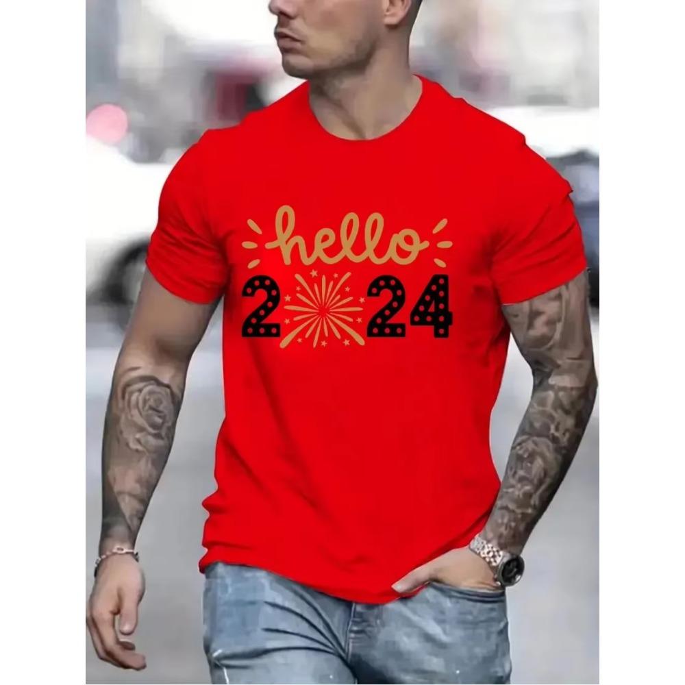 Hello 2024 Print Men Women T-shirt Happy New Year Eve Party Unisex Tops Casual Short Sleeve Black T Shirt New Year Holiday Tees