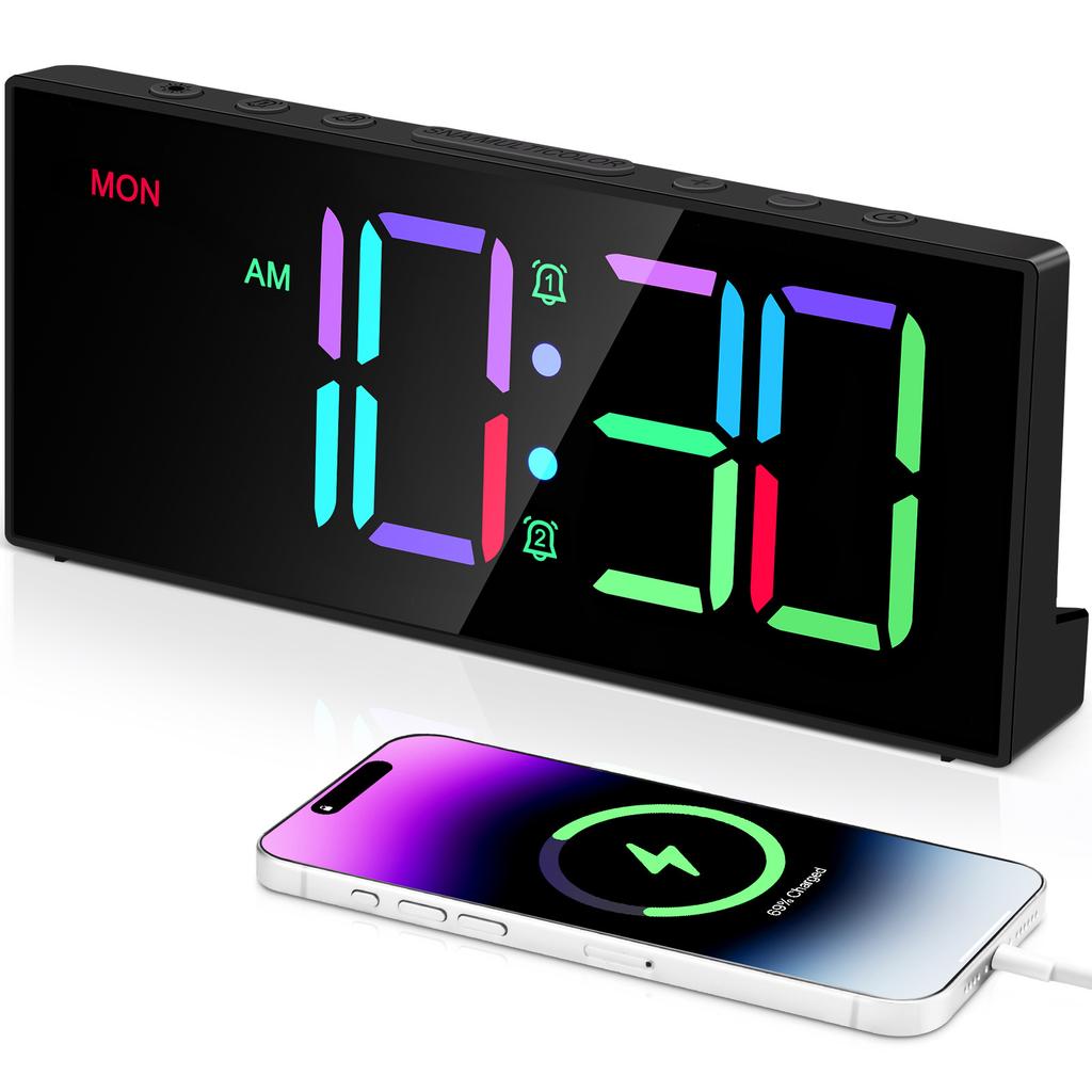 Dynamic RGB Display Alarm Clocks Dual Alarm Big Numbers Adjustable Brightness Volume Outlet Powered Digital Alarm Clocks