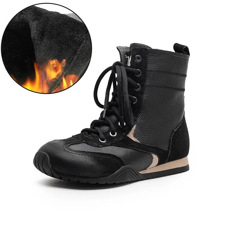 Johnature Plush Warm Retro Short Boots Genuine Leather Flat Cotton Shoes Commuter Women's Shoes