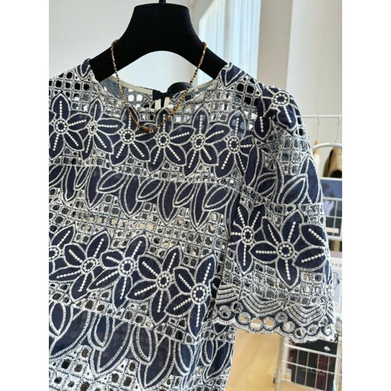 Summer Lace Hollow Out Short Sleeve Round Neck Blouse Women Elegant Embroidery Loose Fit Youthful Shirt