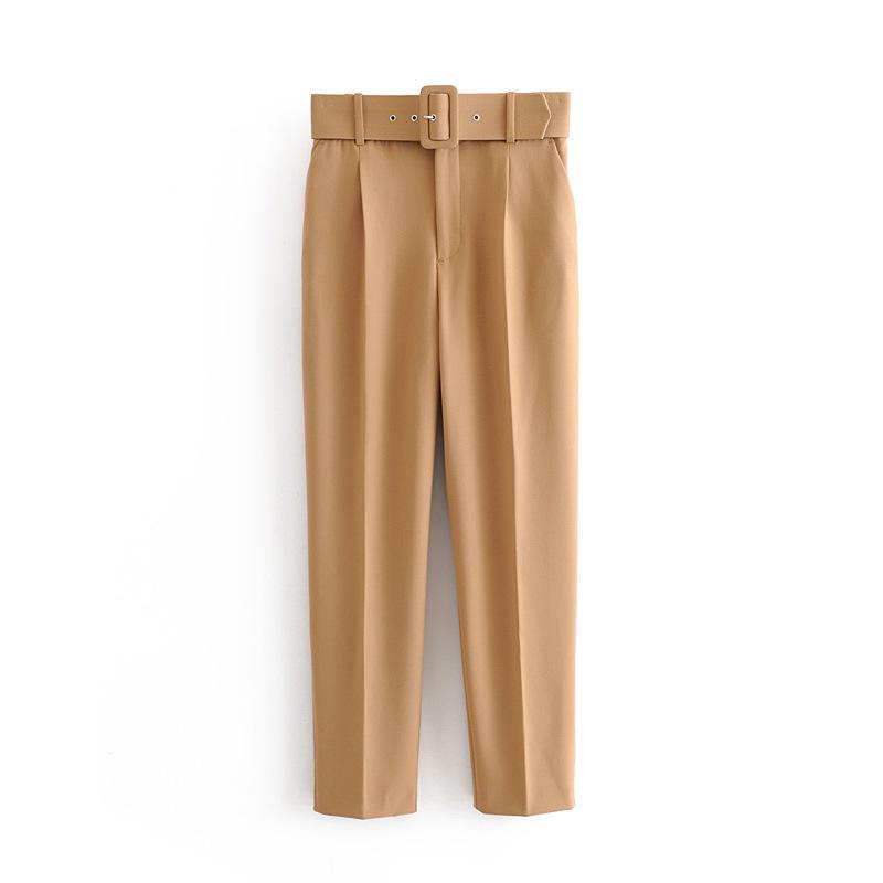 European Style Women's Slim-Fit High-Waisted Yellow Cropped Pants with Waist Belt - Model A8GS317