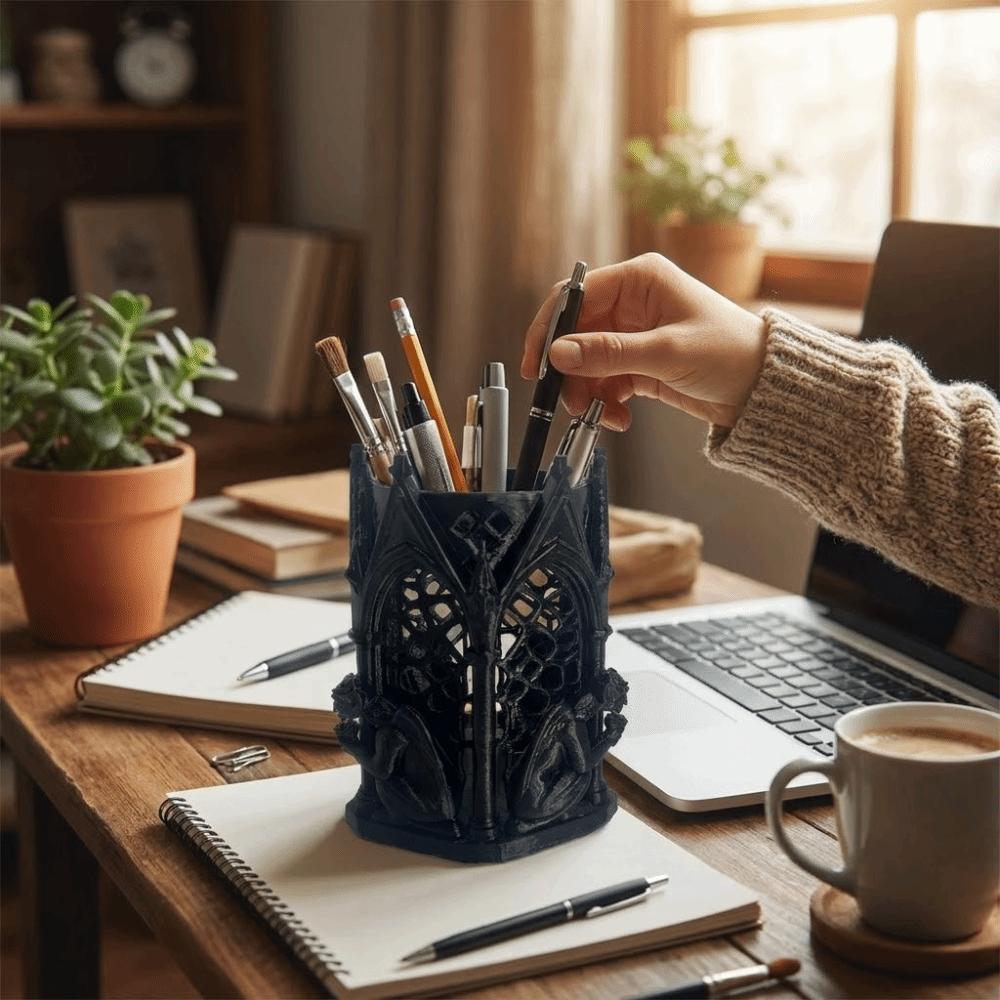 Cool Art Vintage 3D Printed Pen Holder Unique Hollow-out Gothic Pen Holder Creative Desk Organizer Office