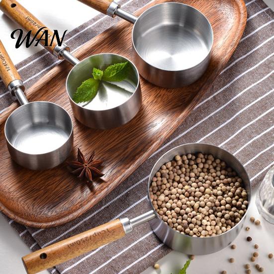 Durable Baking Tools 4Pcs Gold-Plated Stainless Steel Measuring Spoons & Cups Set, Precision with Kitchen Spoon Set Wood Handle, Nested Food Grade Kit