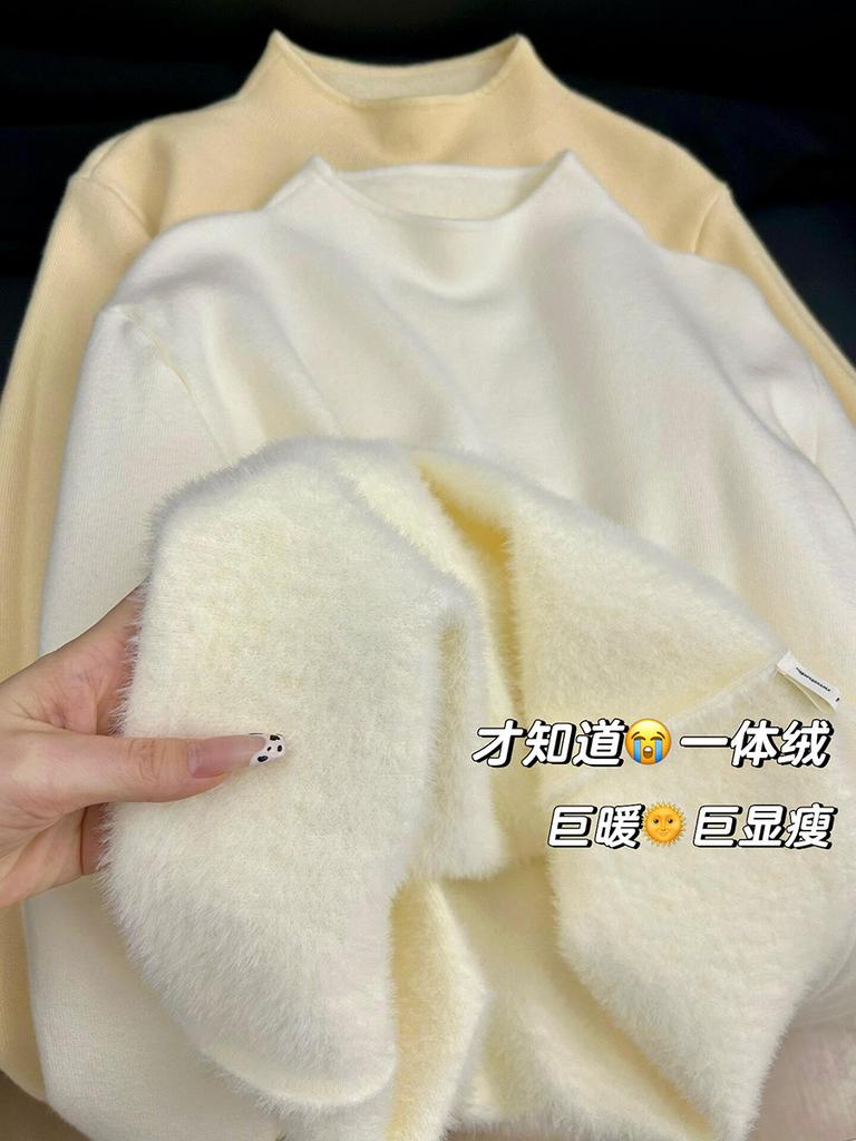 Semi-turtleneck solid color casual inner top thickened long-sleeved knitted bottoming shirt autumn and winter stand-up collar integrated fleece