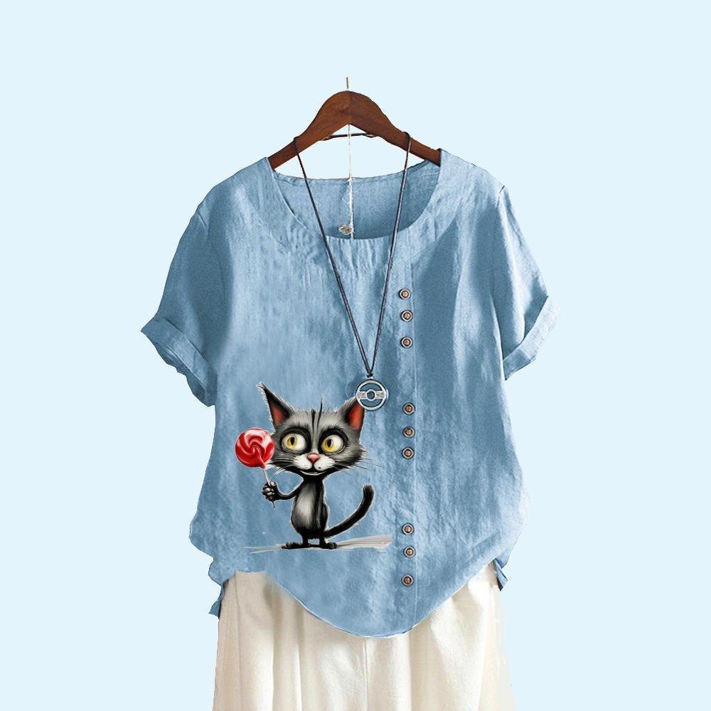 Women Loose Linen Blouse Women Fashion Round Collar Cat Print Top Summer Casual Short Sleeved T-shirt
