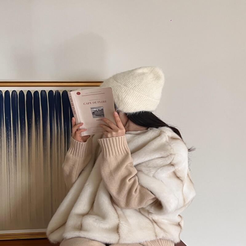 Snowflake Angora Knit Earflap Earflap Chestnut Beanie Winter Fur Hat ivory