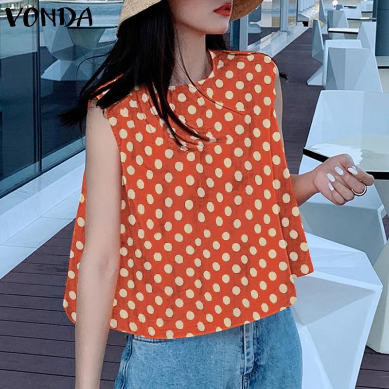 

VONDA Women Summer Round Neck Sleeveless Polka Dot Loose Tanks 5XL помаранчевий