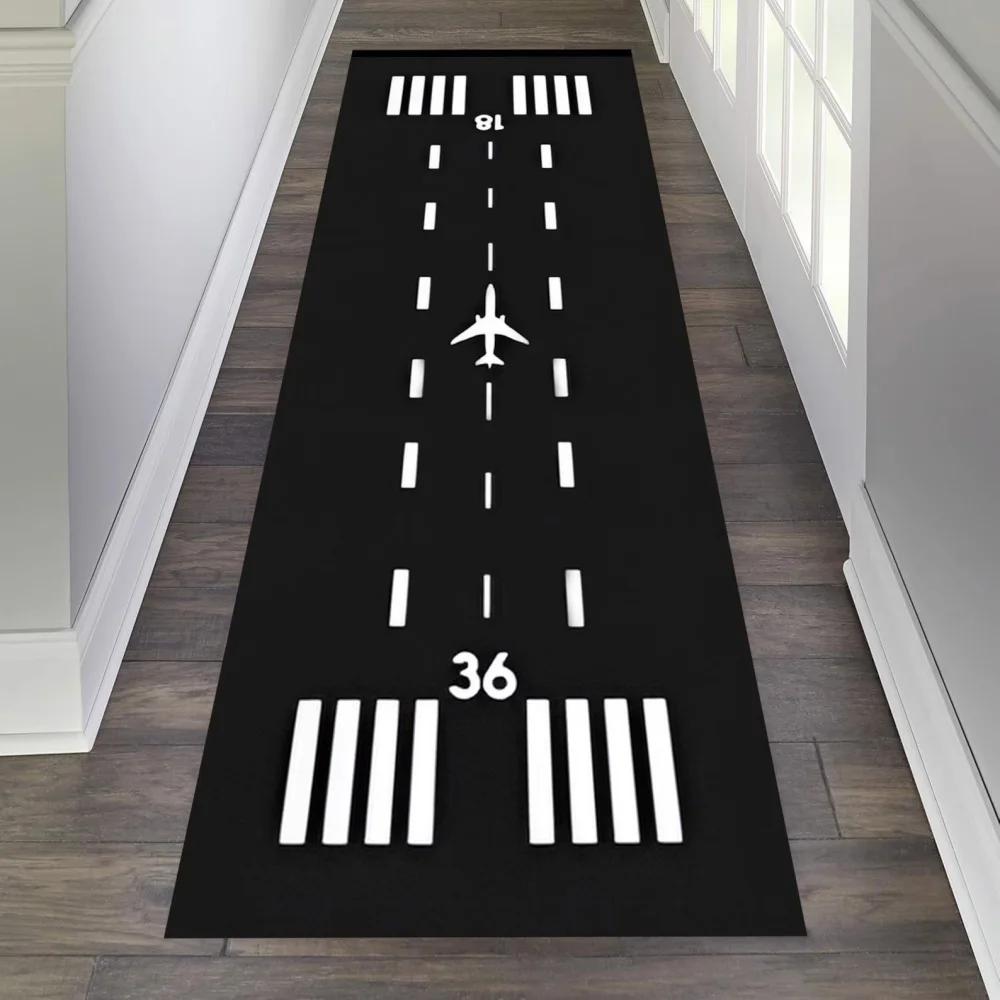 Airplane Runway Rug Sunset City Long Runner Rug Non Slip Washable Kitchen Mat Airport Light Scenic Hallway Entryway Carpet