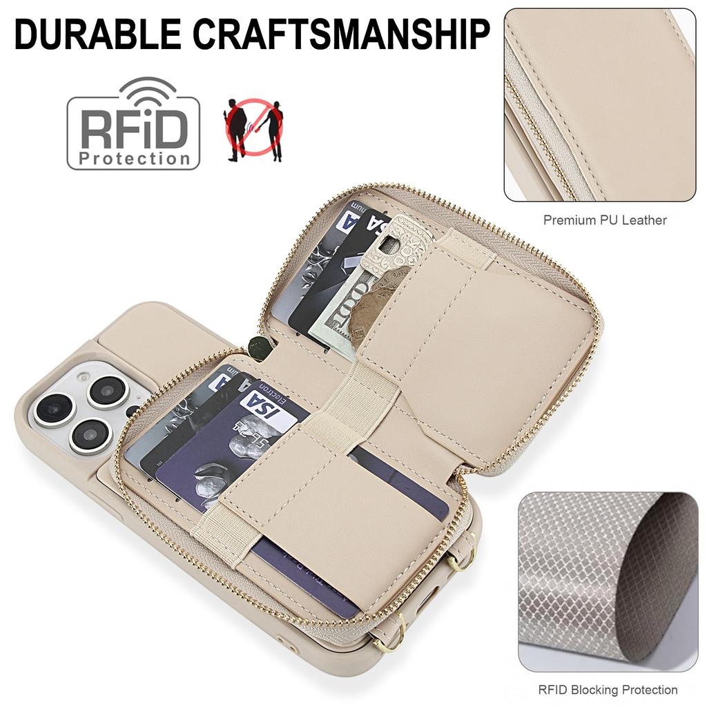 For iPhone 15 Pro Case RFID Blocking Zipper Wallet Leather + TPU Phone Cover with Shoulder Strap