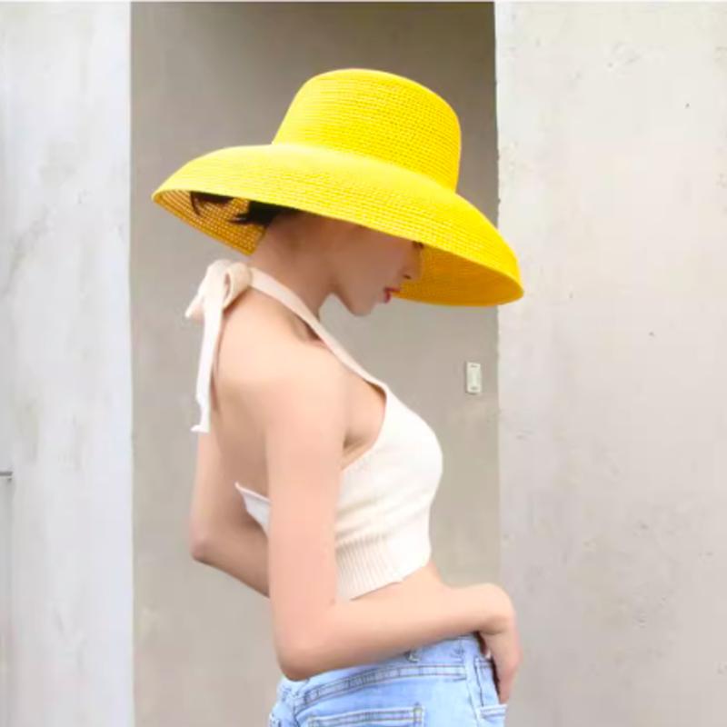 Sommer Hepburn Stil Vintage Design Großes Schirmstrohhut Damen Mädchen Einfarbige Strandurlaub Großer Sonnenschutz Gorra