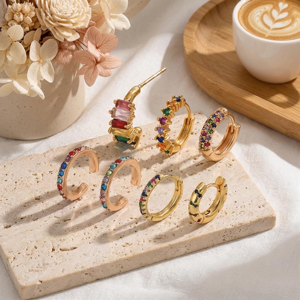 7pcs Colorful Crystal Earrings Set for Women Exquisite Gold Color Copper Zircon Ear Cuffs Earrings Luxury Party Wedding Jewelry