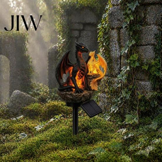 Unique Halloween Yard Ornaments Dragon Solar Garden Light, Outdoor Gothic Medieval Statue Lamp, Waterproof Decorative Porch Light Fixtures Resin