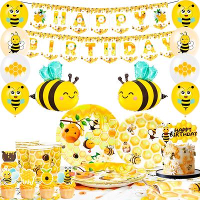 Bienen-Geburtstagsdekorationen, 113-teiliges Party-Dekor, Bienen-Party-Teller, Becher, Servietten, Tischdecken, Geburtstagsbienen-Banner, Luftballons, Tortenaufsätze usw.