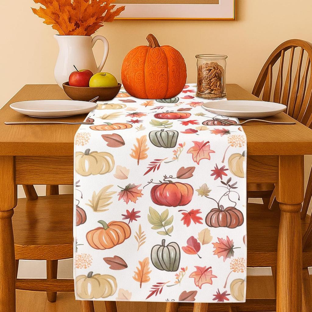 OWENIE Fall Table Runner for Kitchen Dining Table, Thanksgiving Autumn Printed Harvest Pumpk Maple Leaves Textured Fabric Halloween Holiday Home