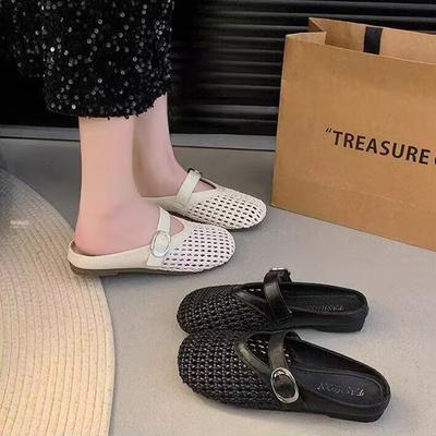 Hollow Bag Head Half Slippers Women's Breathable New Summer Mesh Outer Wear Soft Bottom Slippers Woven Shallow Mouth Flat Bottom Sandals
