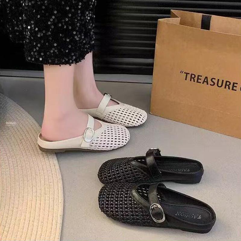 Hollow bag head half slippers women's breathable new summer mesh outer wear soft bottom slippers woven shallow mouth flat bottom sandals
