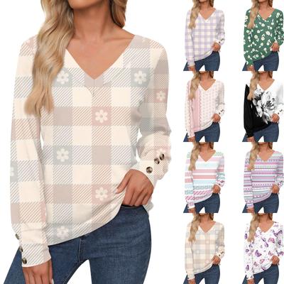 Women's Tops Floral Print Long Sleeve Shirt V Neck Casual Loose Tee Autumn Clothing