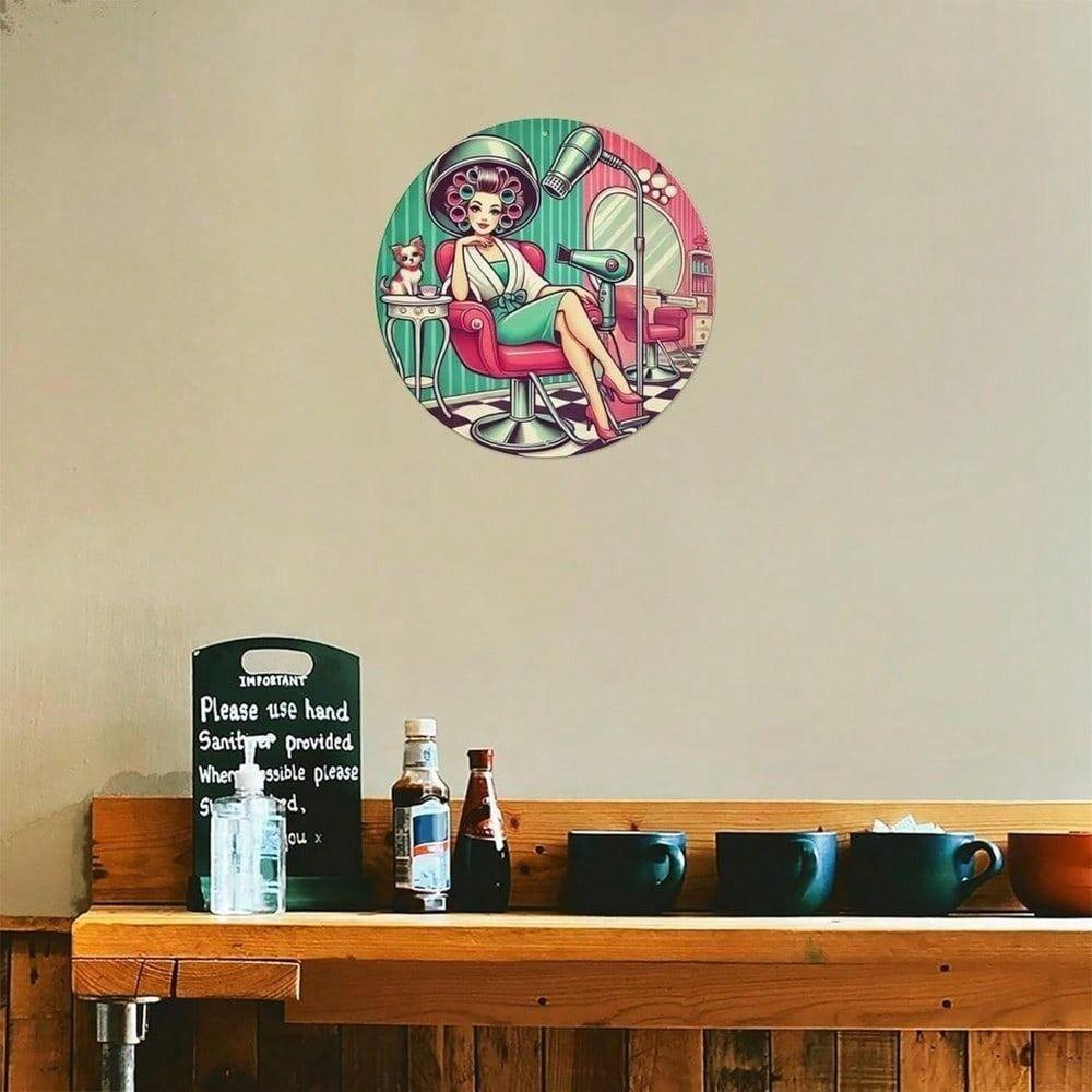 Vintage Hairstylist Round Metal Tin Sign 8x8 Inch Retro Cafe Bar Wall Decor