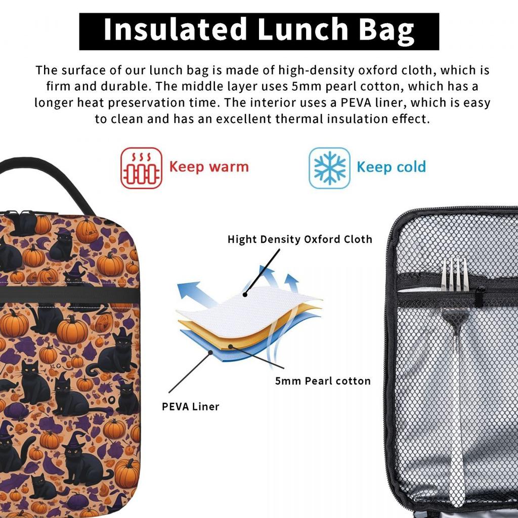 Witch Black Cat Pumpkin Halloween Pattern Insulated Lunch Bag for Women Kids Portable Food Boxes Thermal Lunch Box Tote