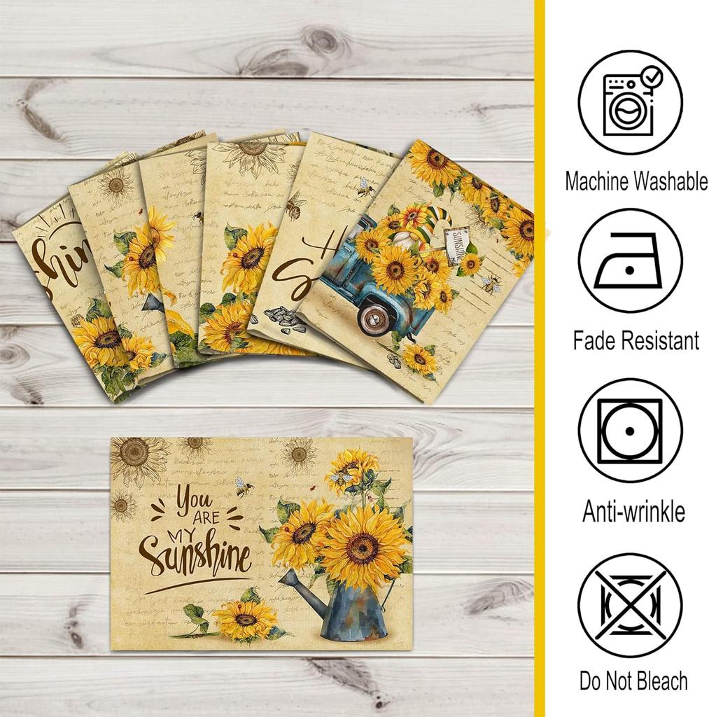 Pinata Sunflower Linen Square Summer Spring Placemats Set of 6, Sunflower Table Decor, Vintage Summer Spring Gnome Truck Washable Table Mats