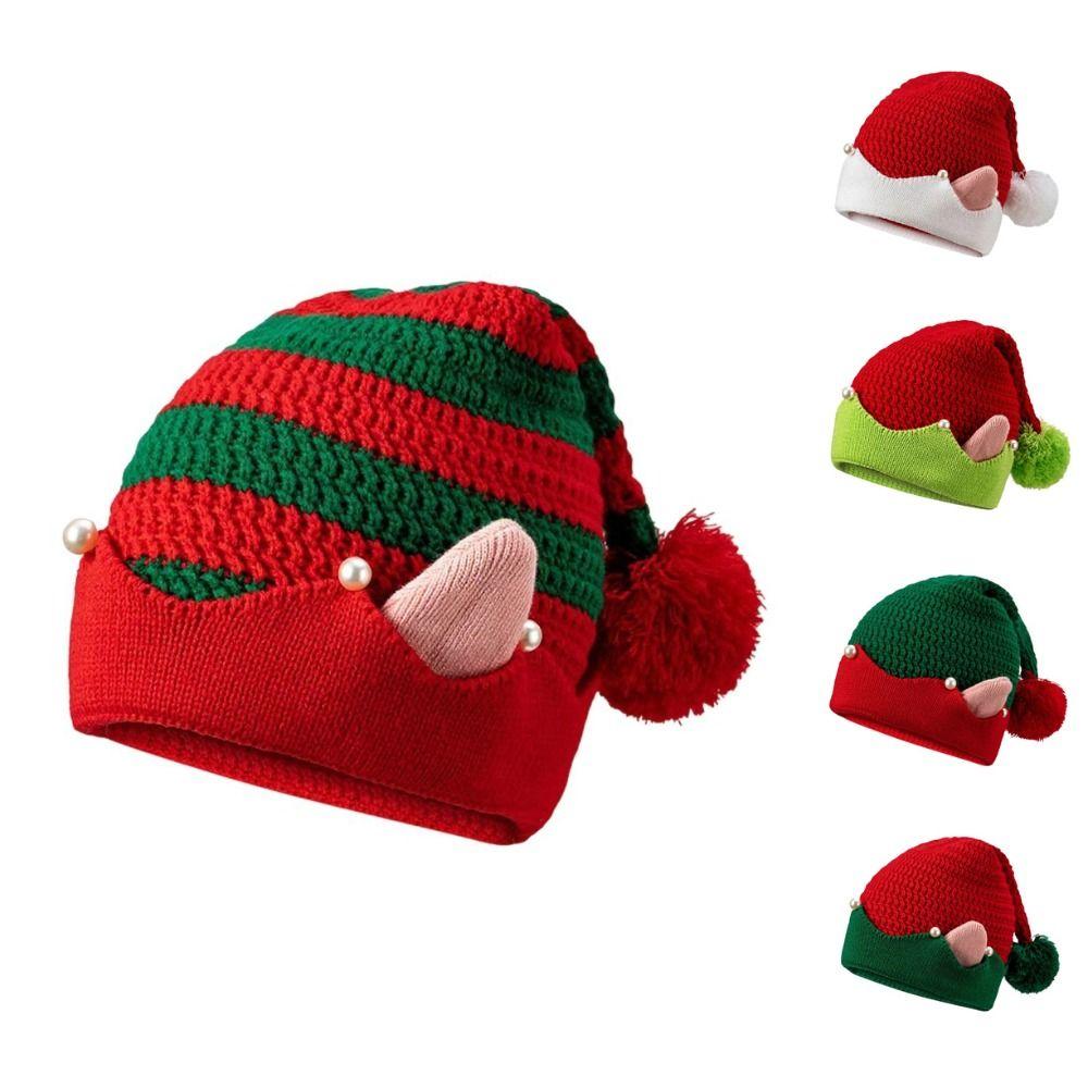 Striped Pattern Christmas Hat Knitted Wool Ball Xmas Cap Jacquard with Small Ears Knitted Hat Festival Girls