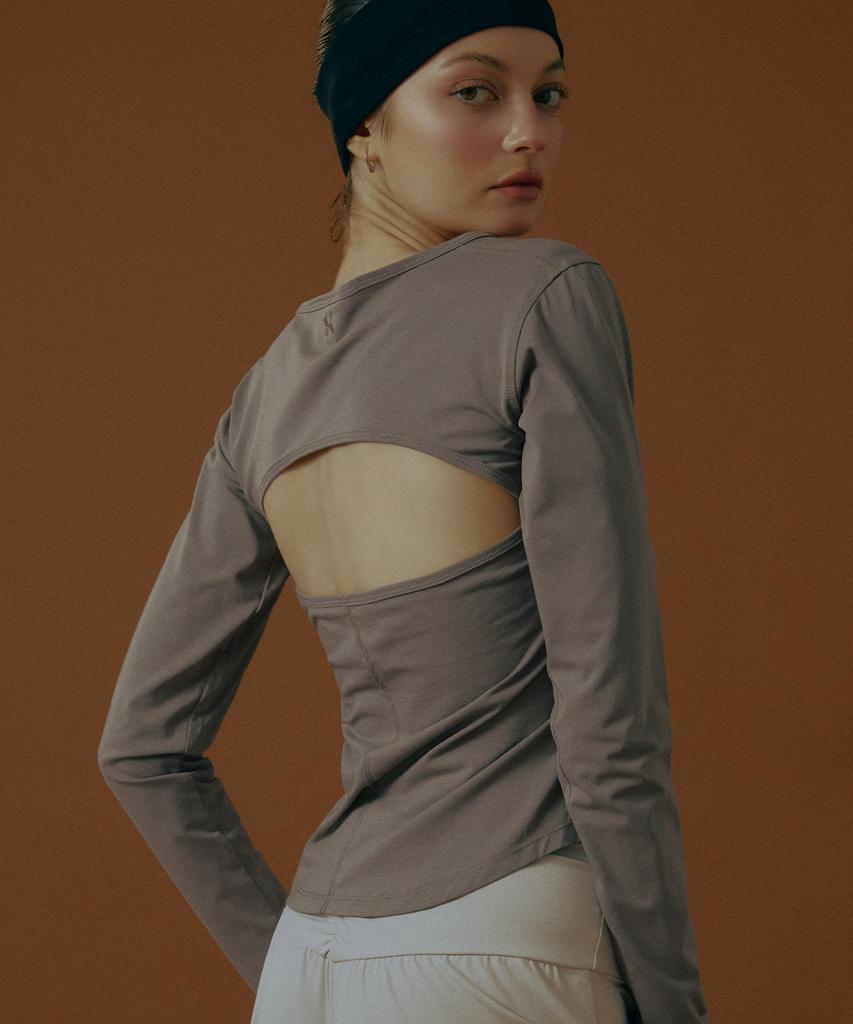Empebeu Soft Curve Slit Back Long Sleeve Taupe Grey
