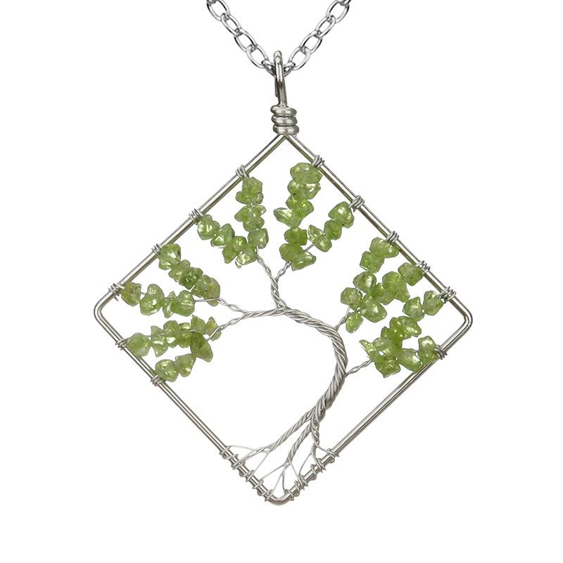 Wrapped Colorful Natural Stone Crystal Square Curved Tree Of Life Pendant Necklace N08 Fresh And Sweet
