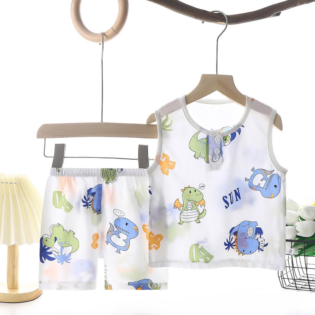 Summer Kids Cotton Silk Vest And Shorts Set Boys Girls Breathable Pajamas Home Wear Two Piece Outfit For Baby