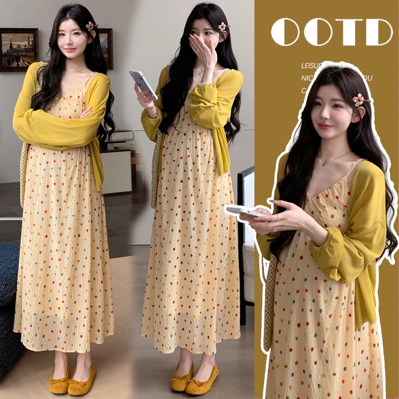 2026 Spring/Summer Korean Polka Dot Spaghetti Strap Dress & Sun Protection Cardigan Maternity Set M