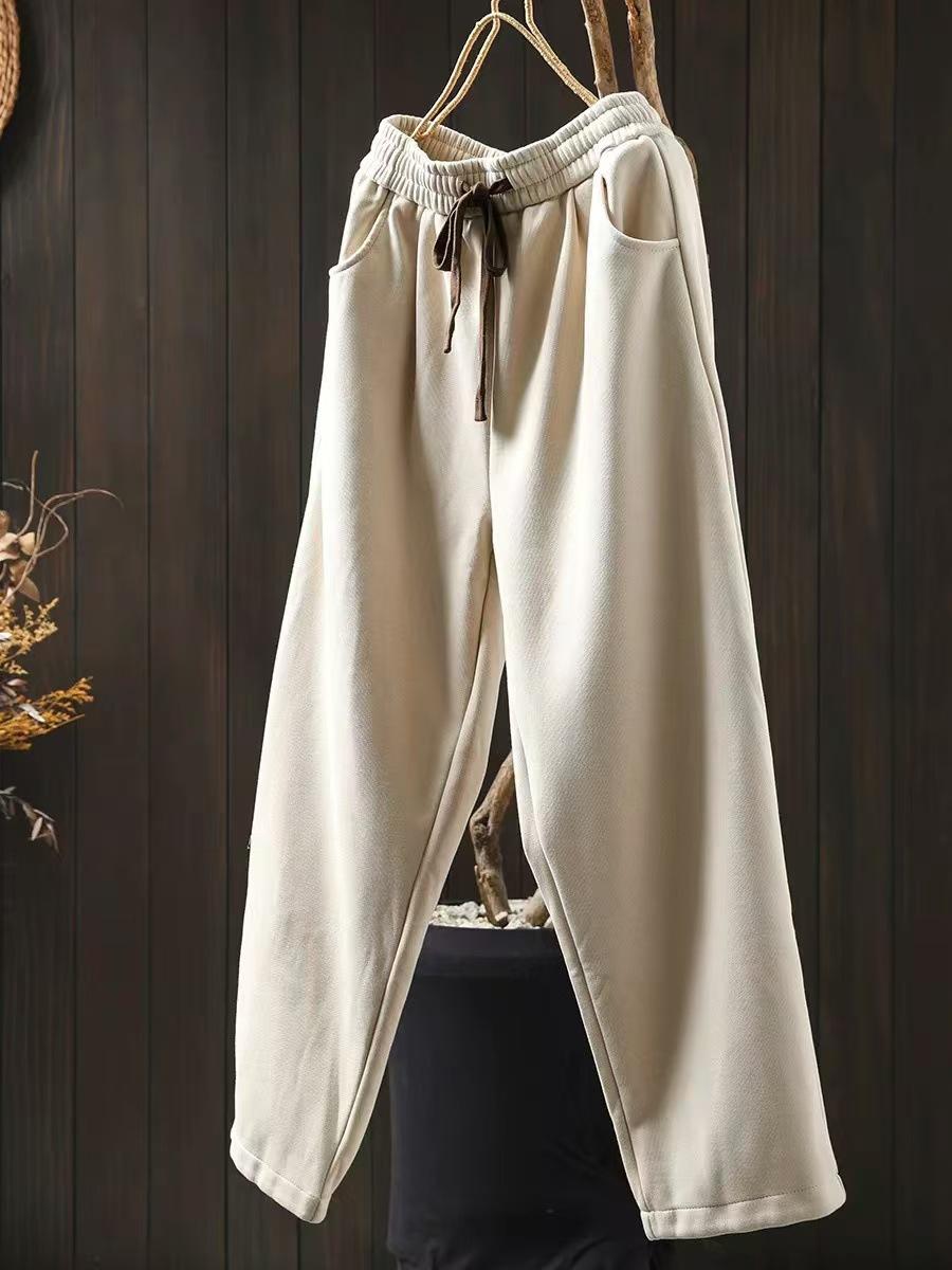 

Johnature женские зимние повседневные свободные шаровары с эластичной талией из хлопка, однотонные, в винтажном стиле, стирающиеся брюки L бежевый